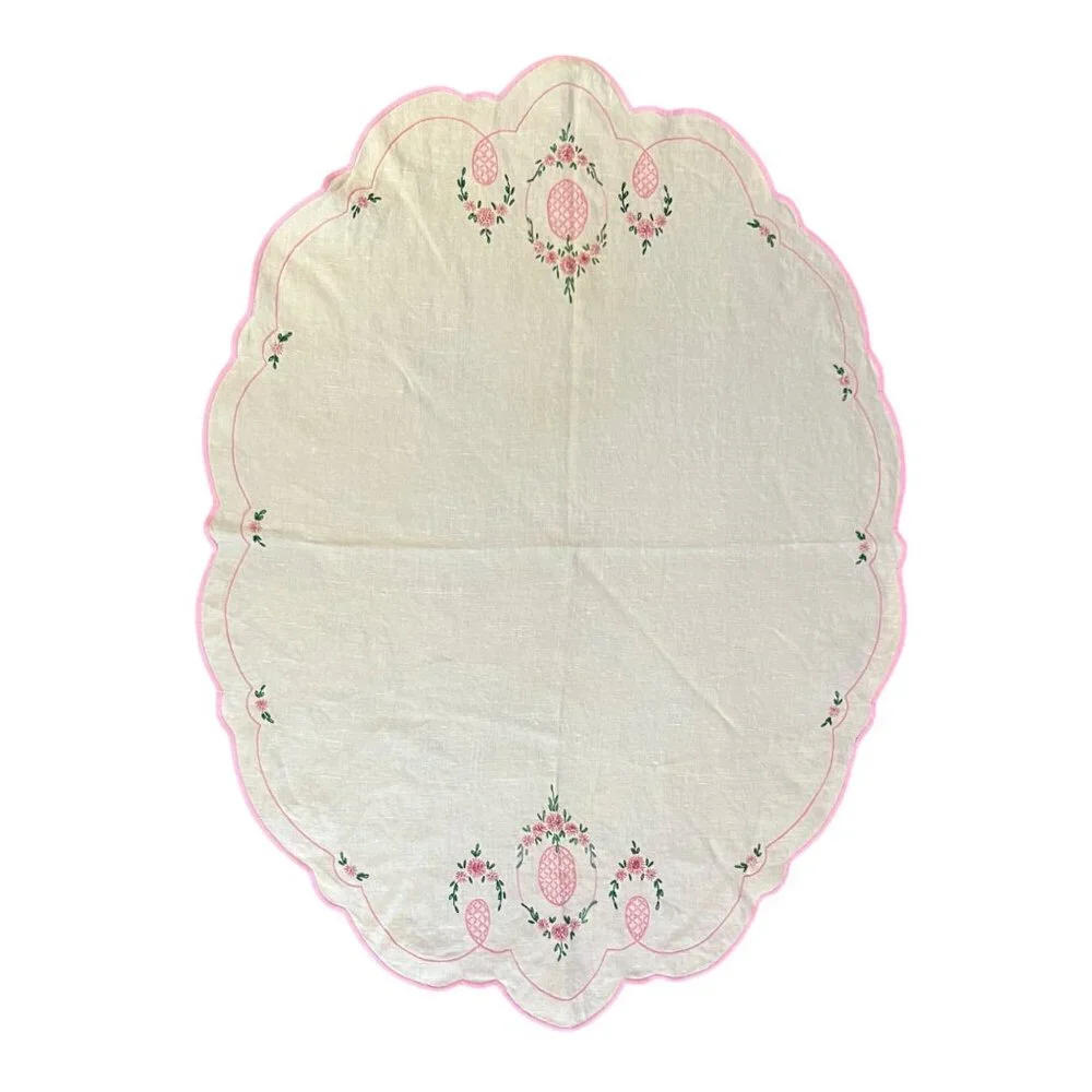 Vintage Handmade Embroidered Tablecloth Used 43x31 Romantic Cottage